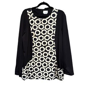 VOYAGE Marina Rinaldi Tunic Top Black White Geometric Print Pockets Art to Wear